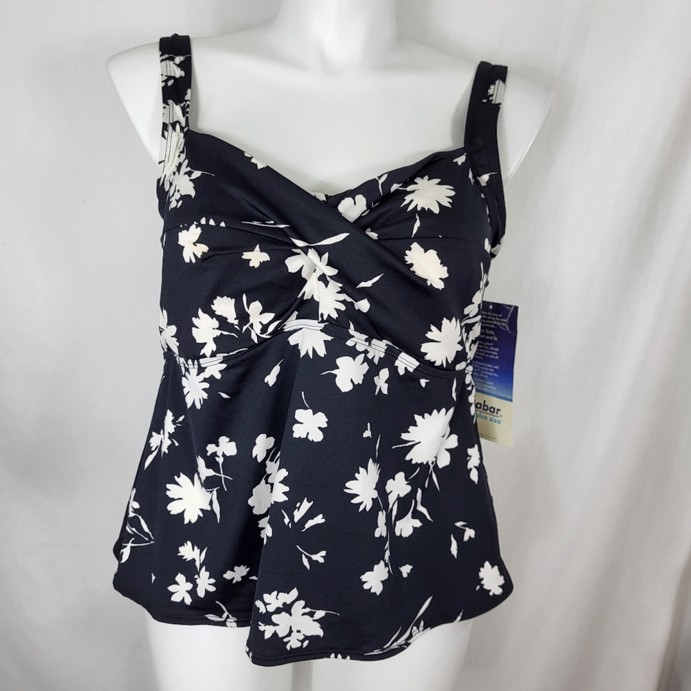 Gabar Swim Twist TANKINI TOP Womens Size 20W Black White Floral Bathing NWT